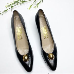 Salvatore Ferragamo- Gold Ball Classic Block Heels